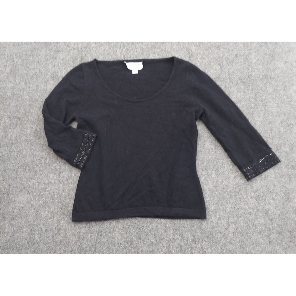 St John‎ Evening Cashmere Sweater Womens 6 Black Embellished Sleeve Hem Scoop